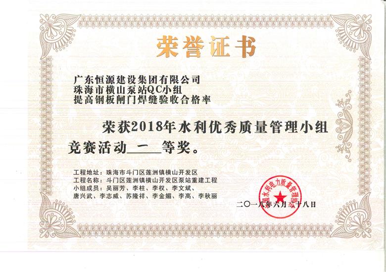中国水利电力质量管理协会QC一等奖